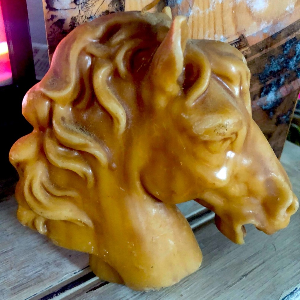 Vintage 1970s hand poured beeswax horse head decorative candle